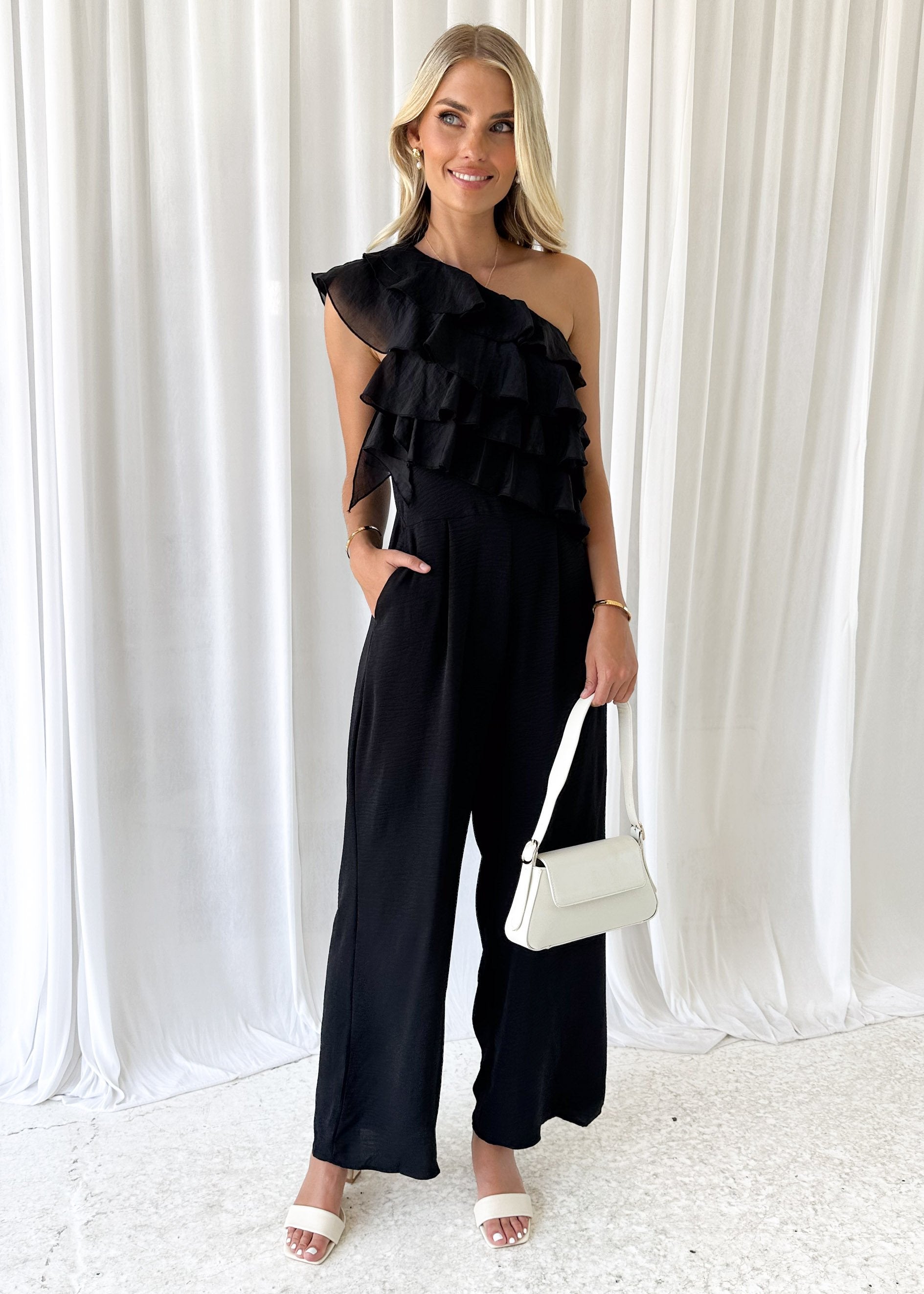 Ebony One Shoulder Pantsuit - Black