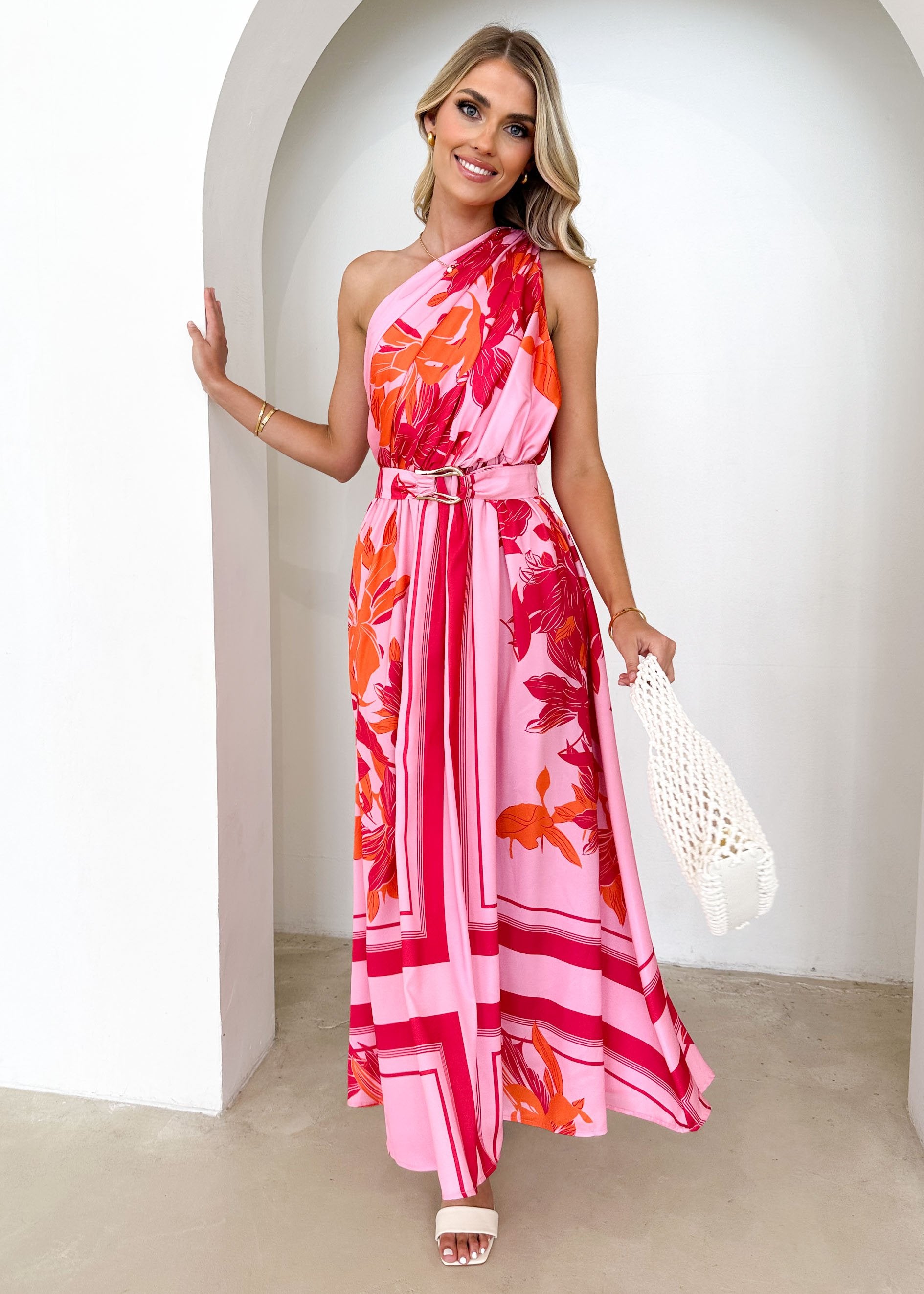 Korah One Shoulder Midi Dress - Pink Flowers