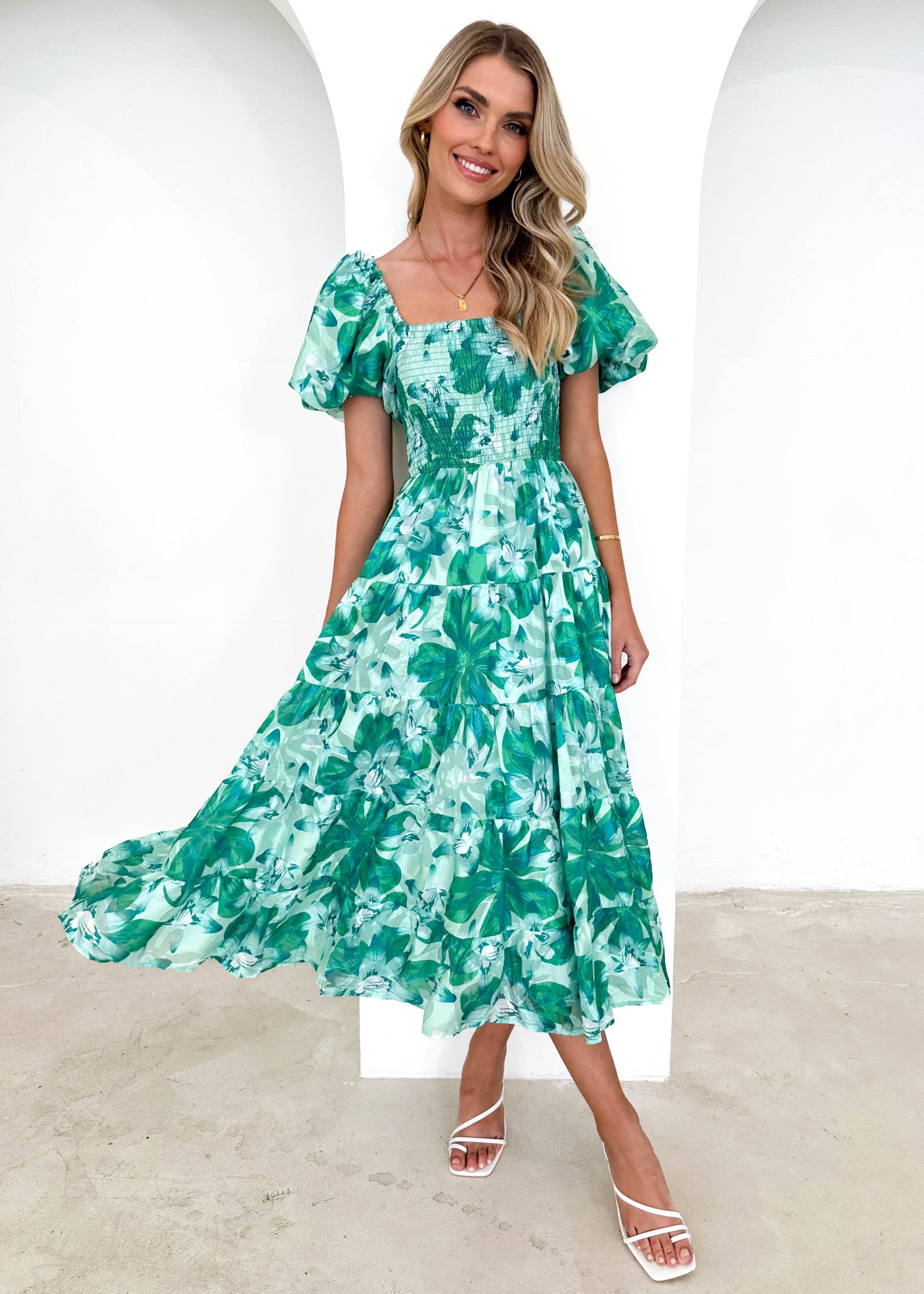 Paisy Off Shoulder Midi Dress - Green Floral