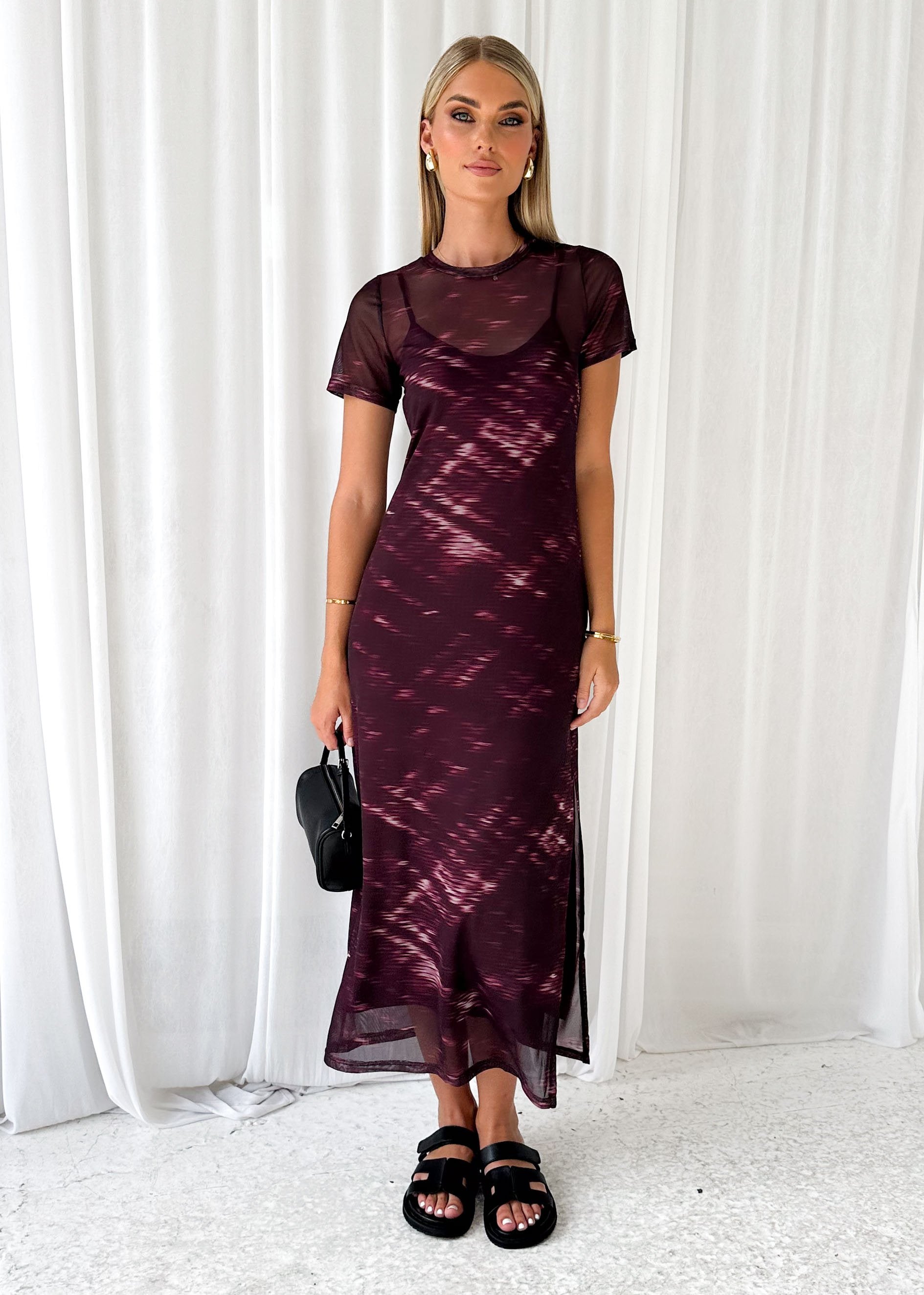 Kierra Mesh Midi Dress - Plum Tie Dye