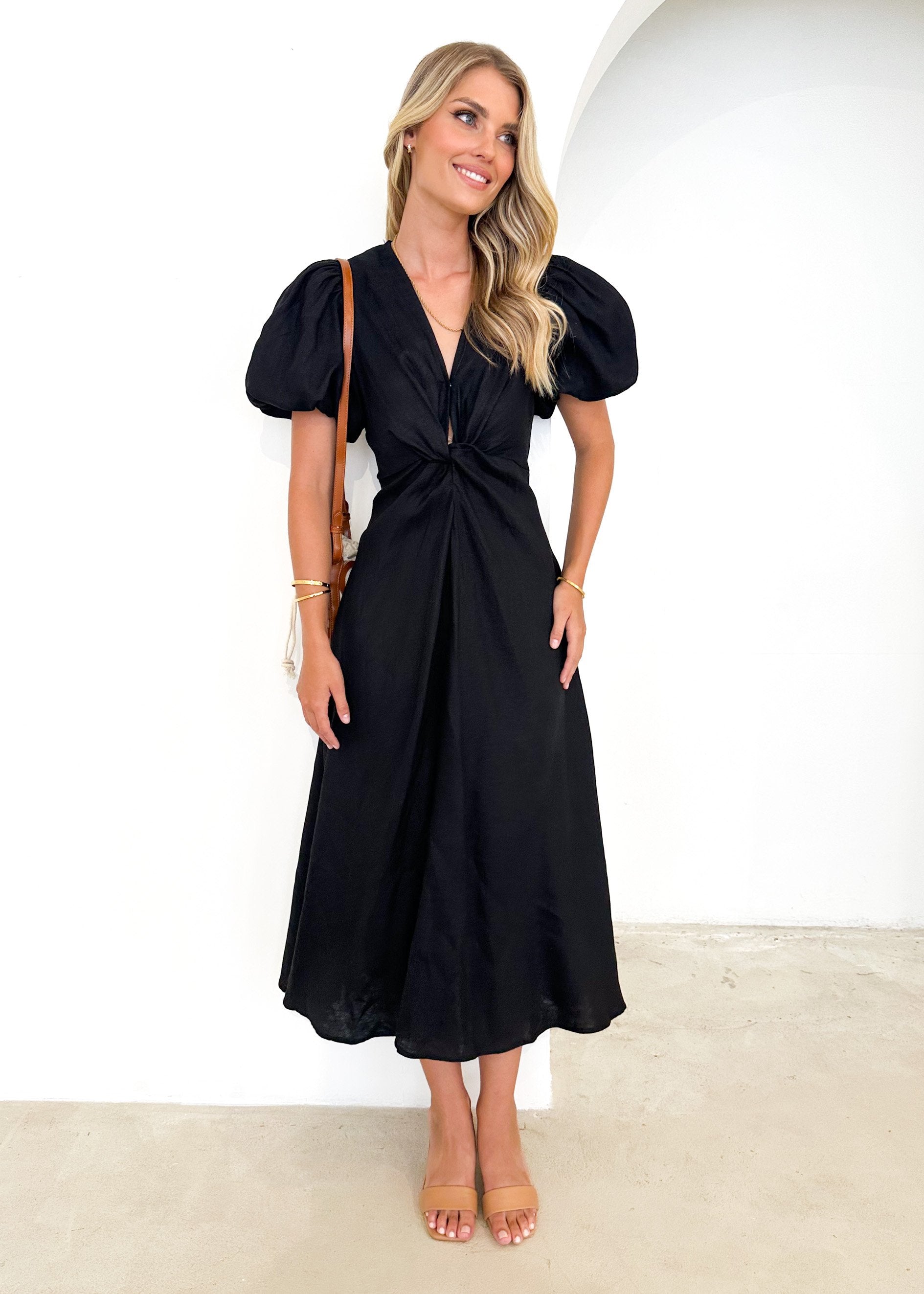 Nouve Linen Midi Dress - Black