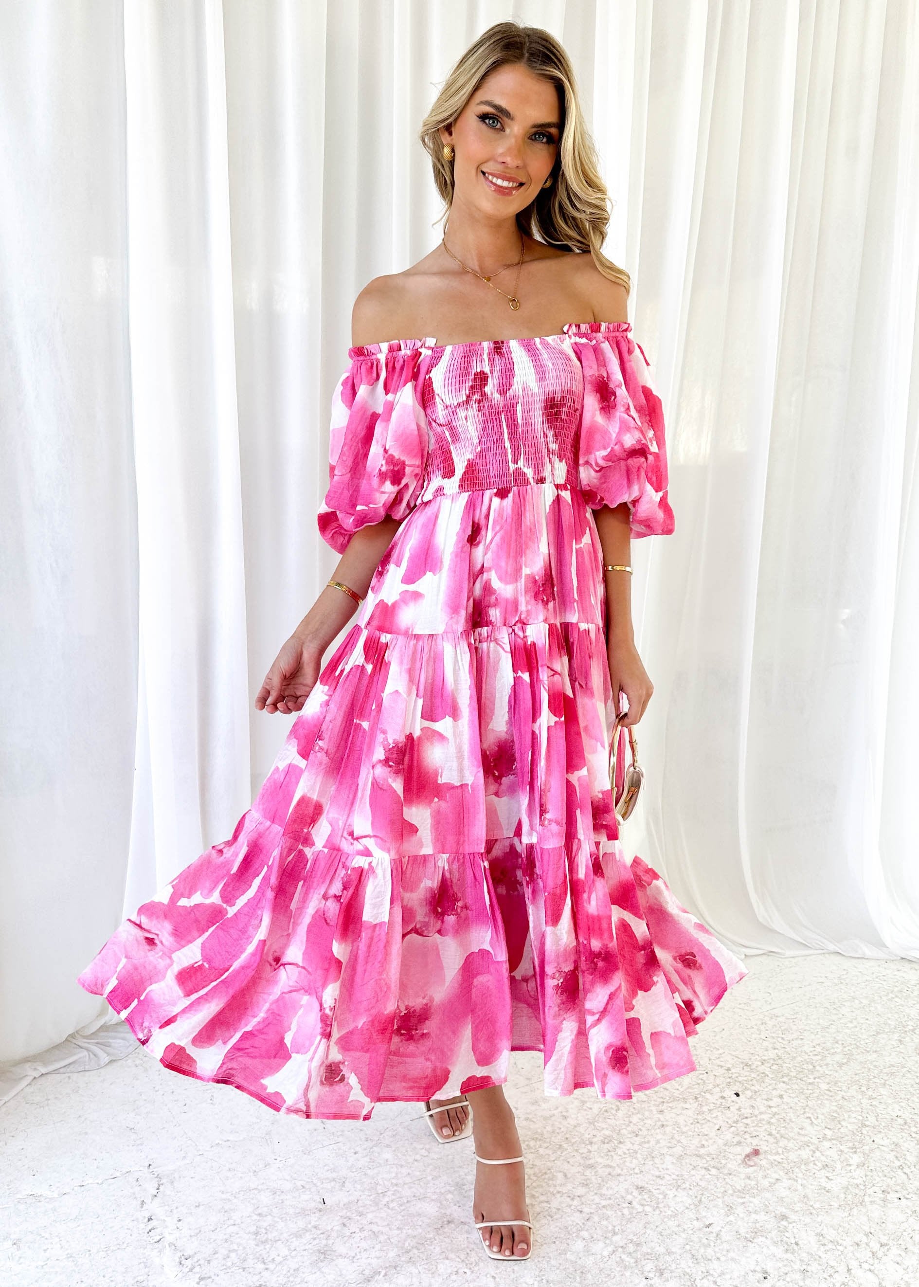 Irma Off Shoulder Midi Dress - Pink Watercolour