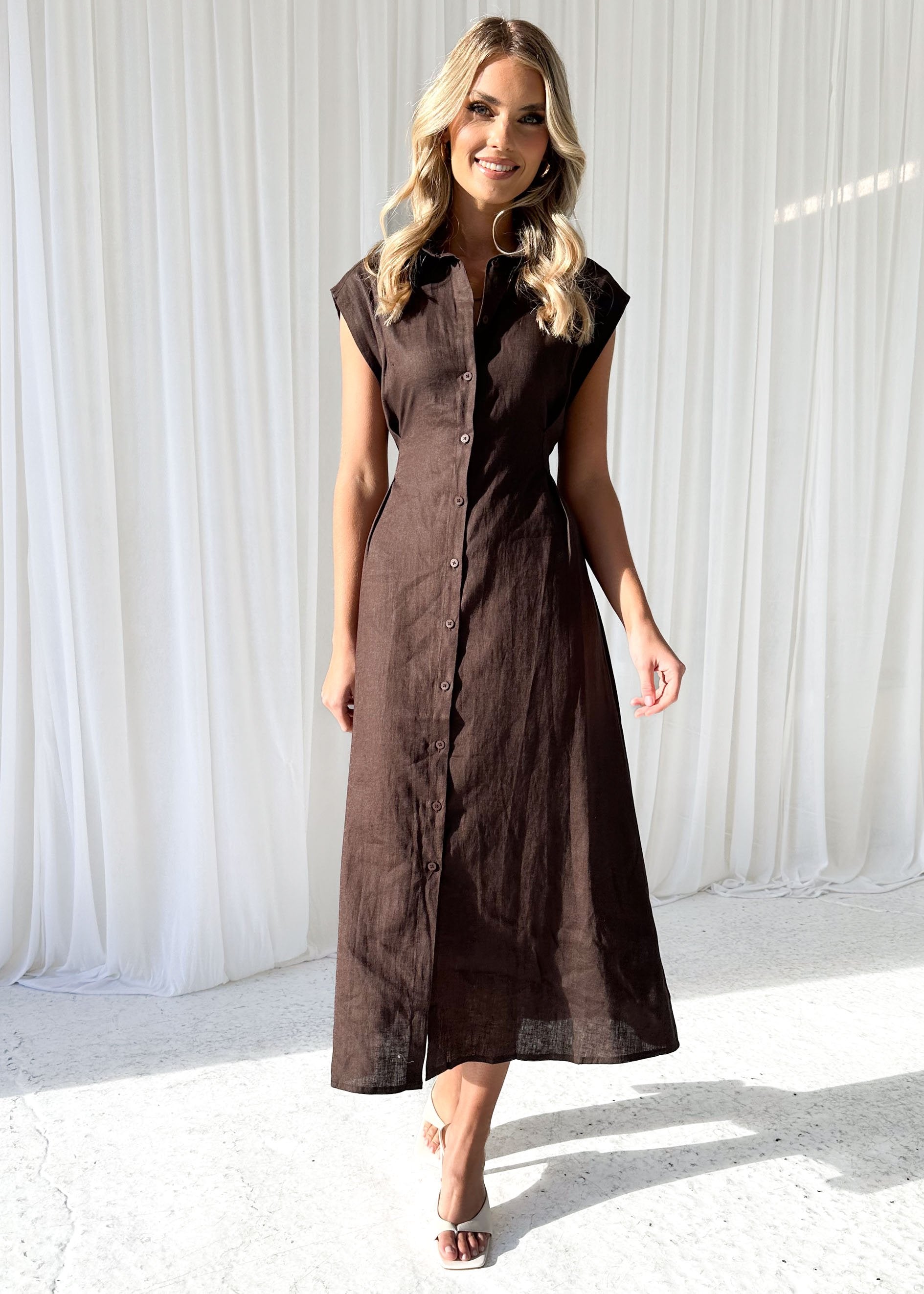 Makari Linen Midi Dress - Chocolate