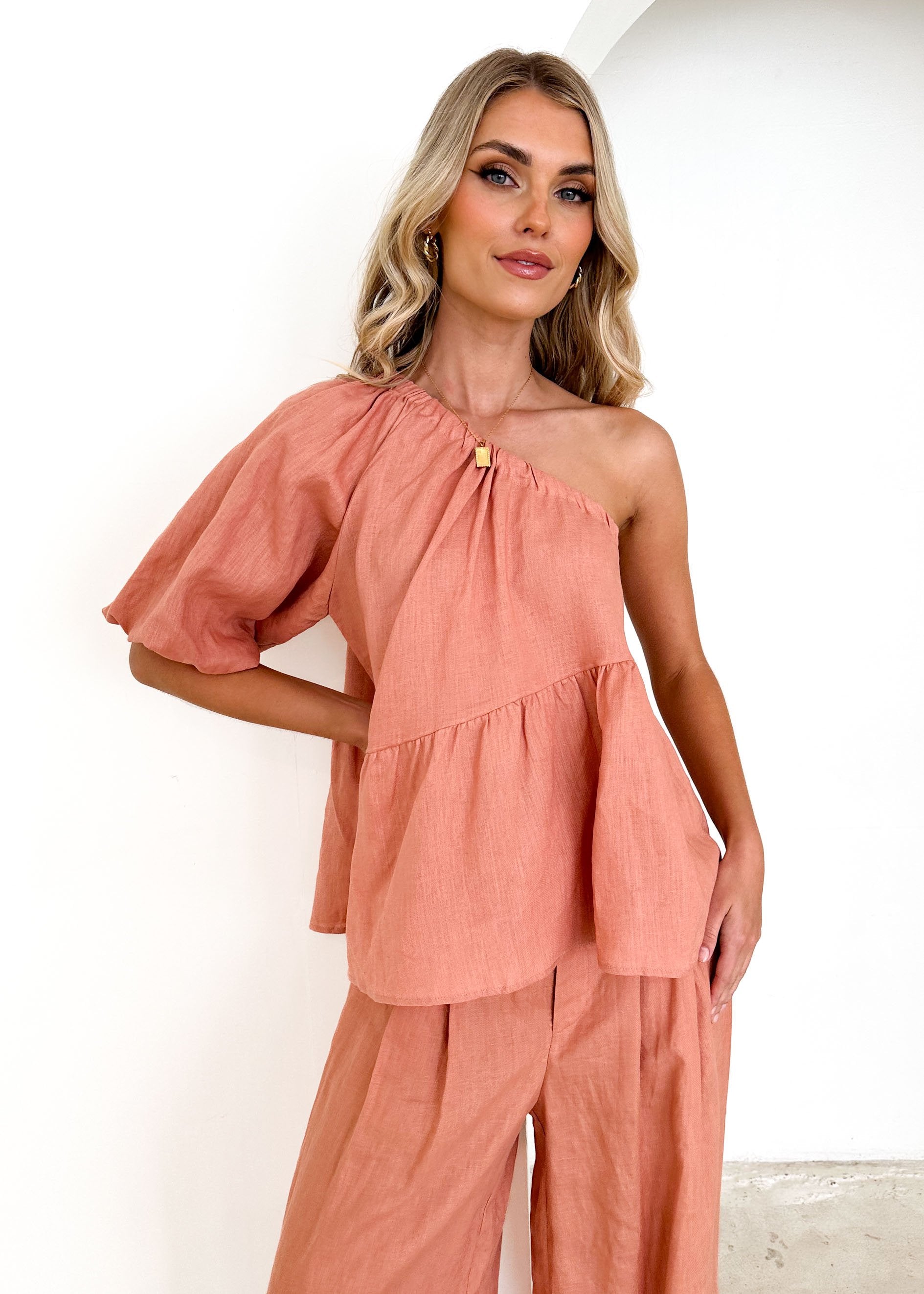 Massria One Shoulder Linen Top - Sienna