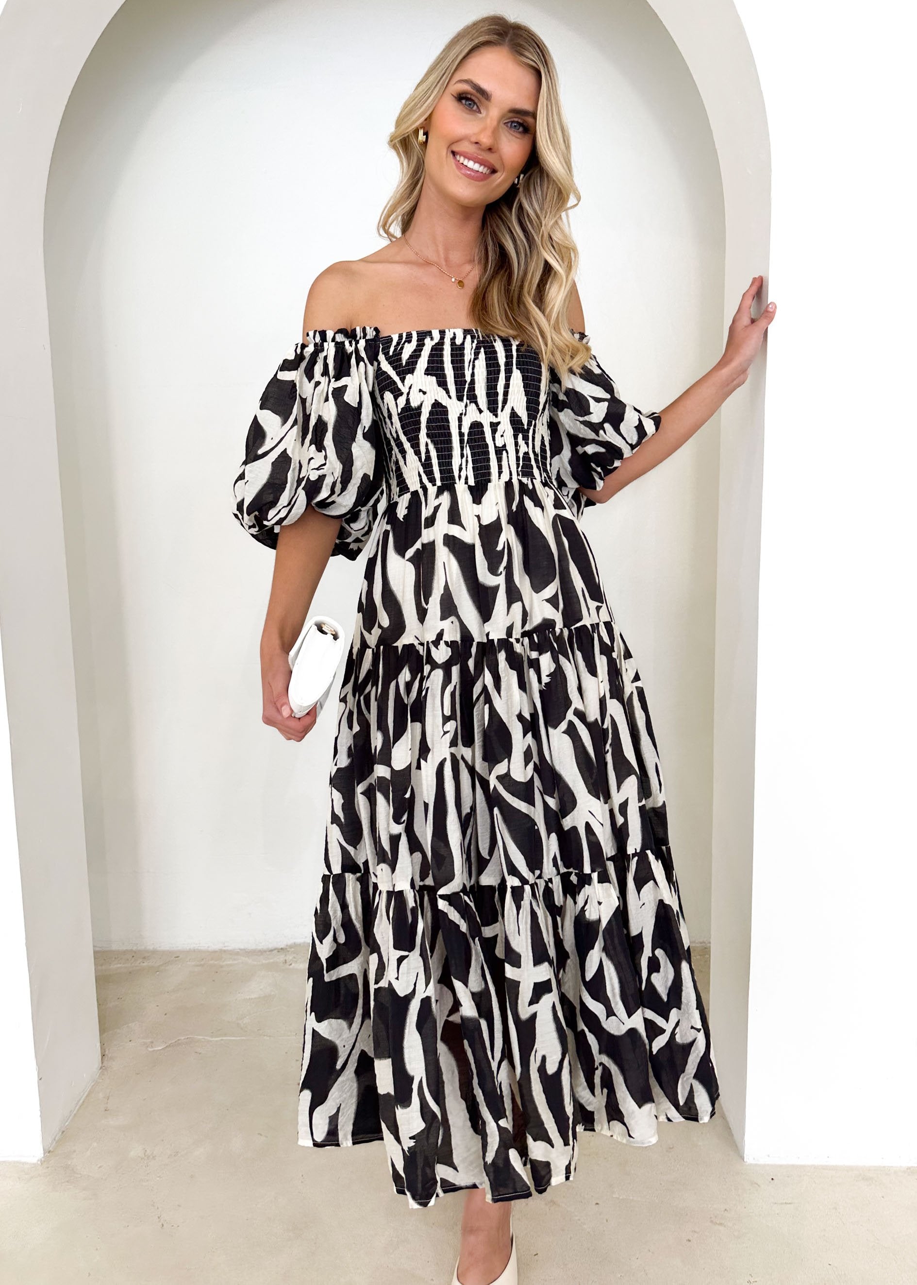 Irma Off Shoulder Midi Dress - Black Abstract