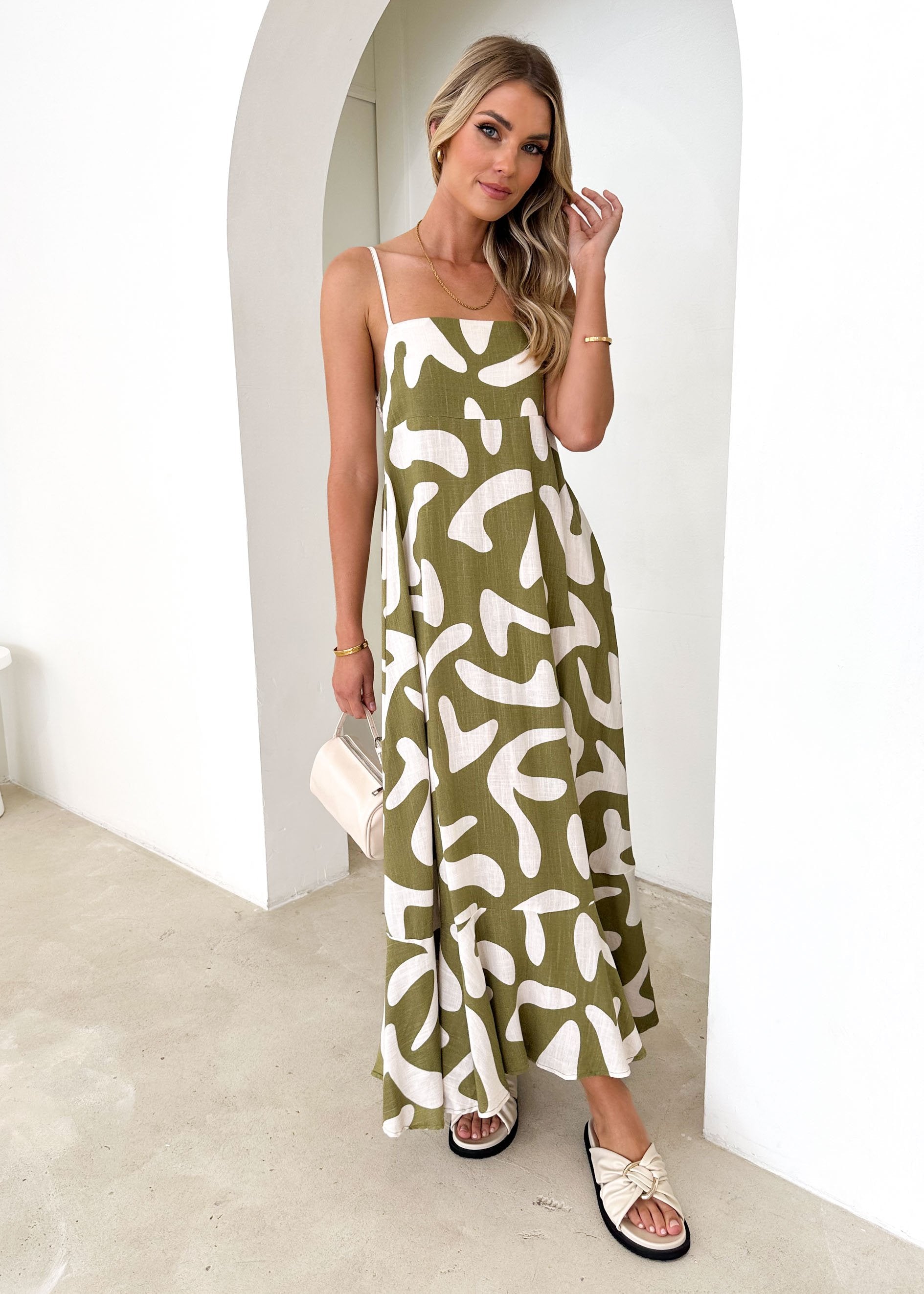 Pedra Linen Blend Maxi Dress - Olive Vacation