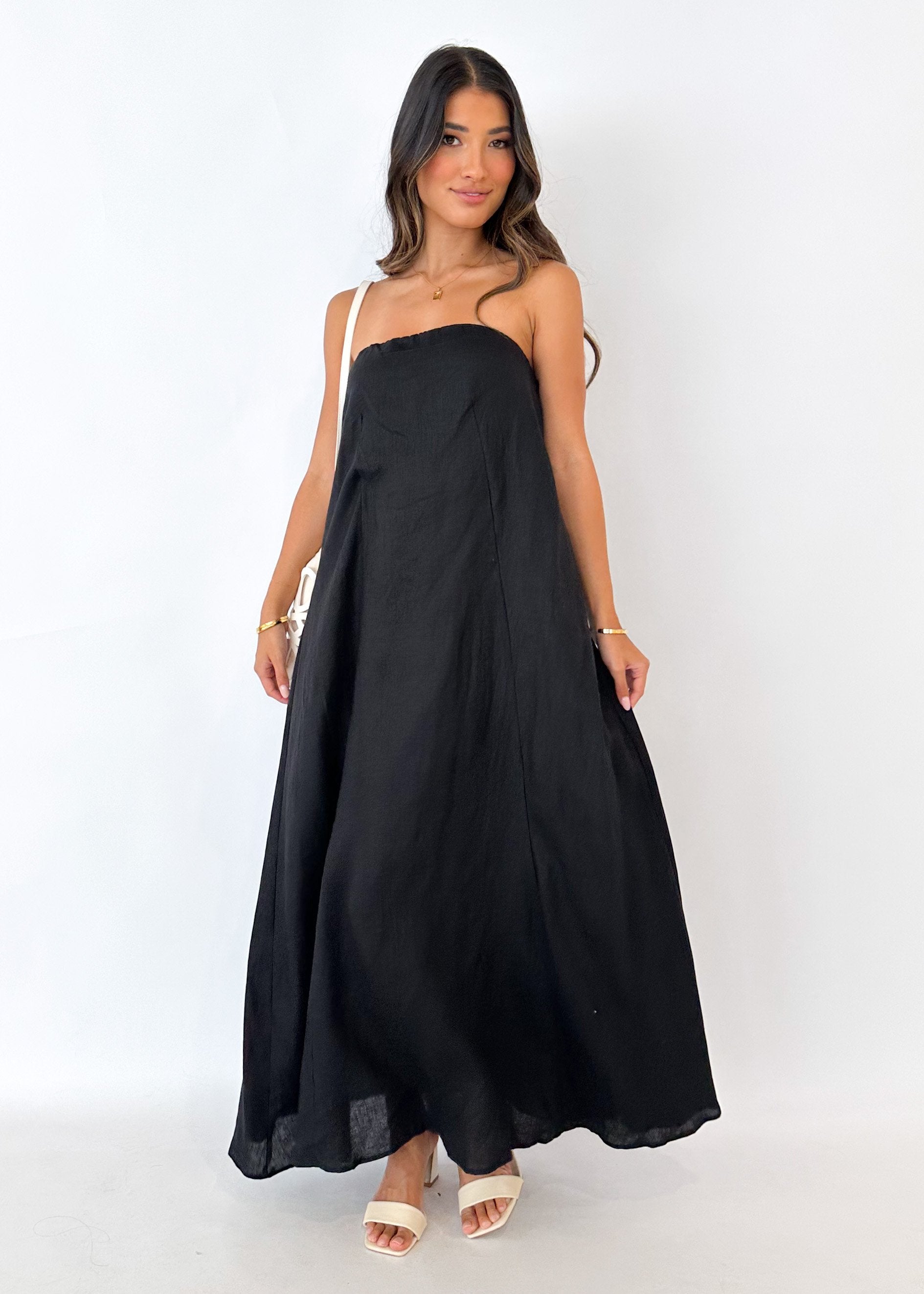 Mariss Strapless Linen Maxi Dress - Black