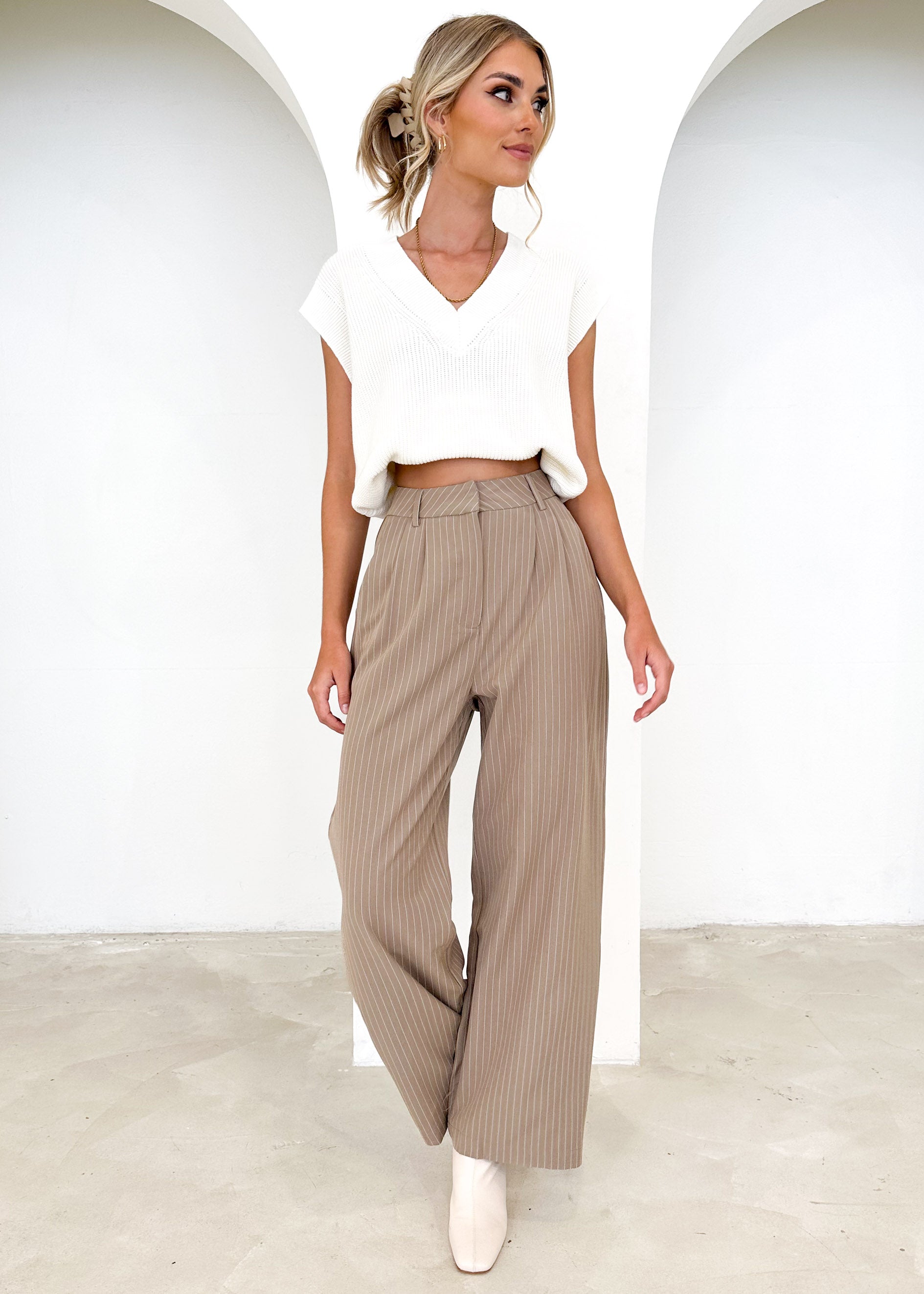 Bowwie Wide Leg Pant - Beige Pinstripe