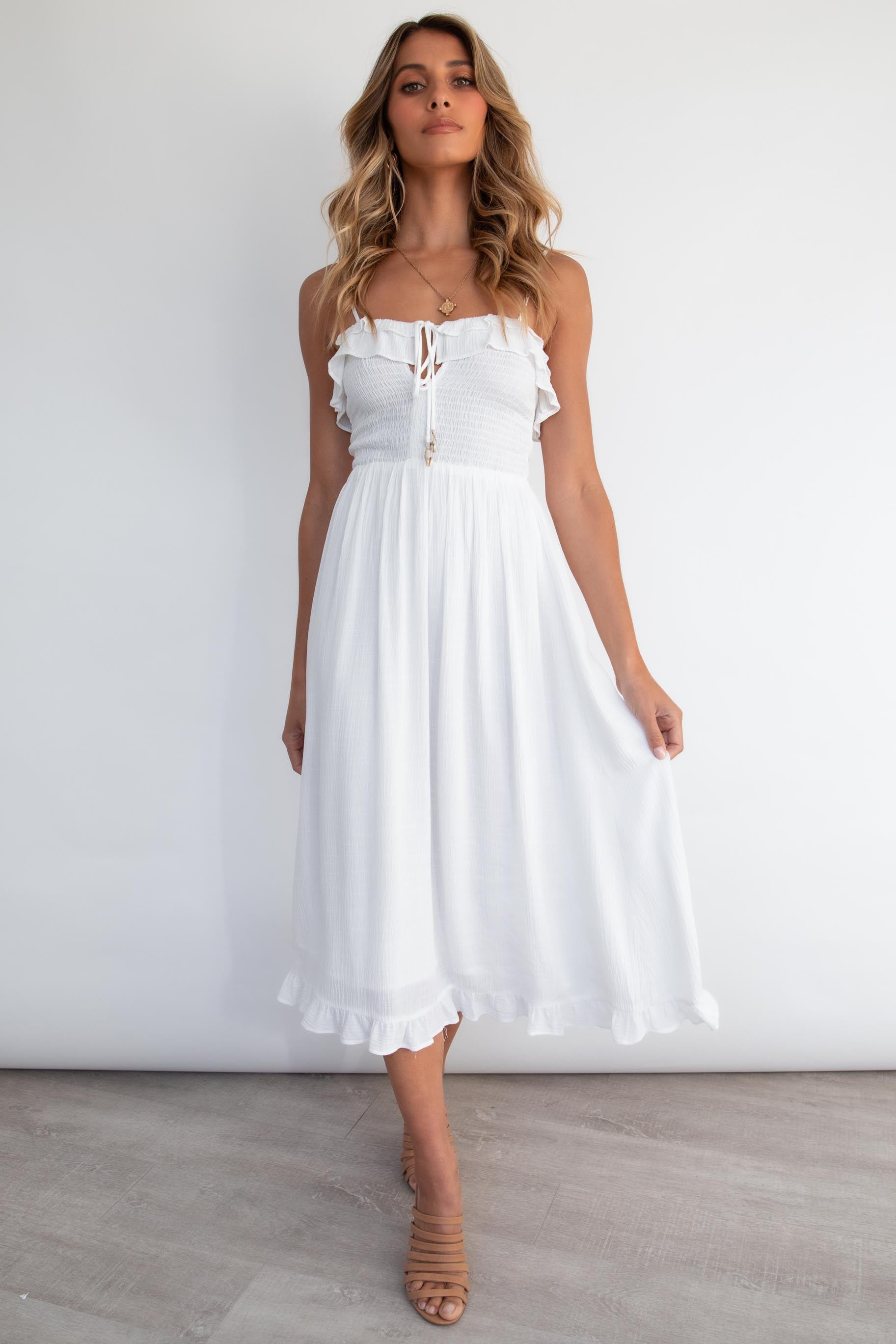 new look shirred midi dress in off white