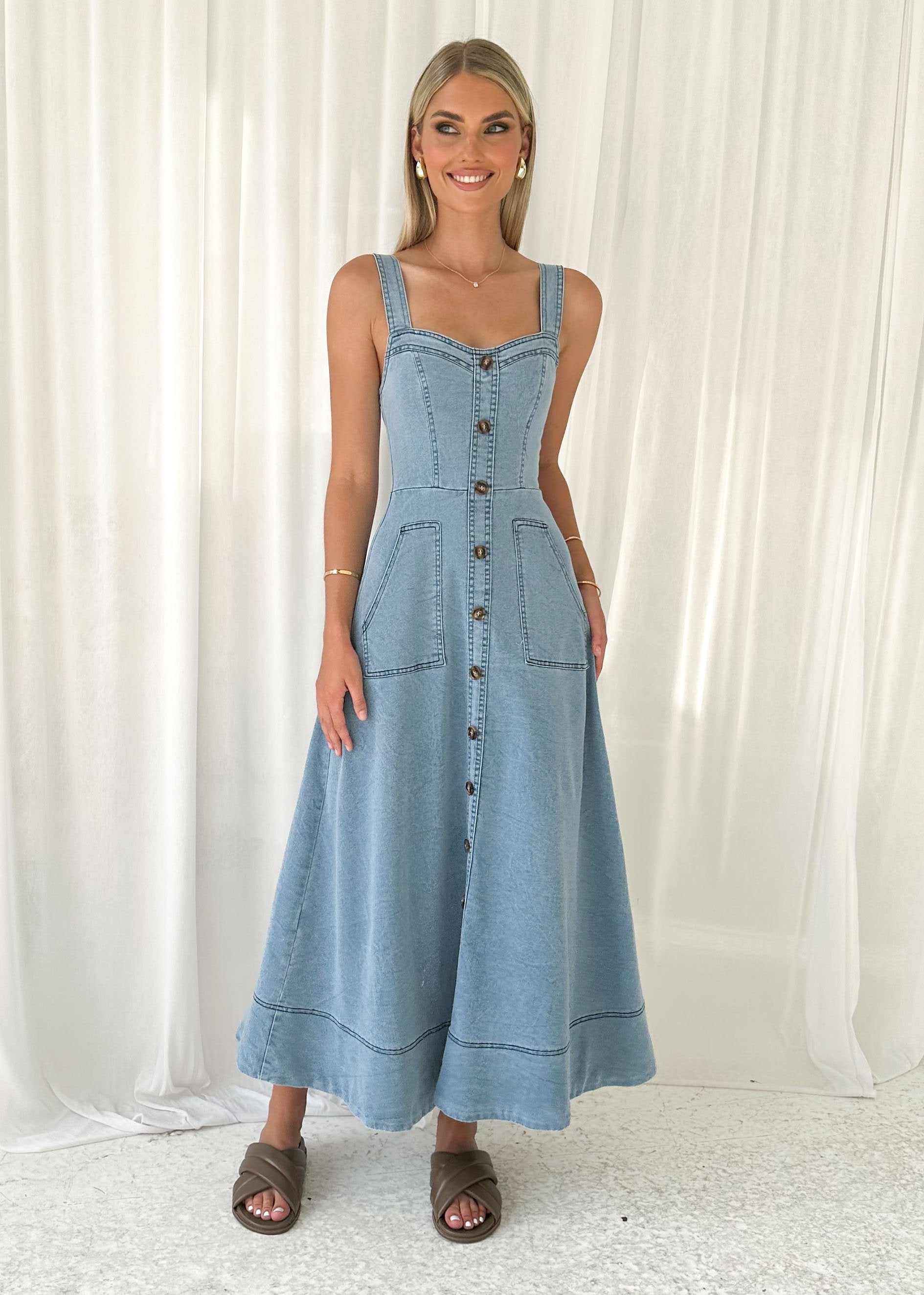 Millenia Stretch Denim Midi Dress - Light Blue