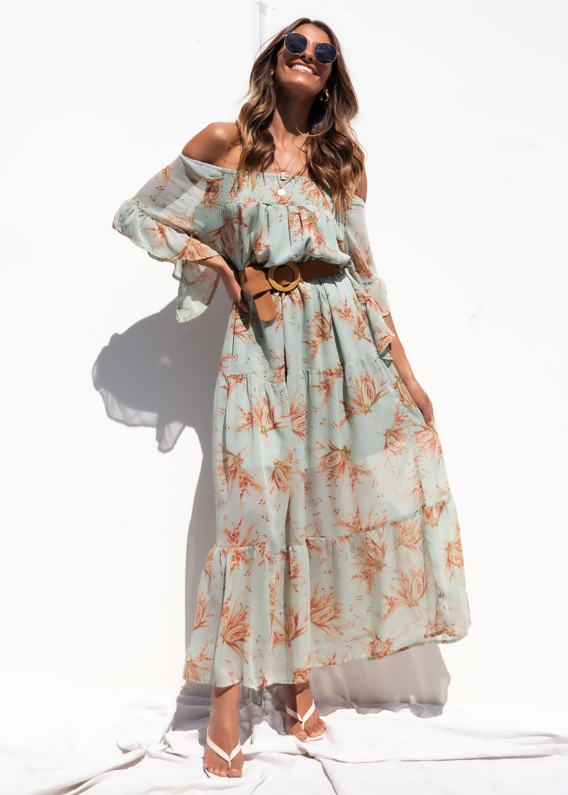 Dreamers Off Shoulder Maxi Dress - Sage Floral