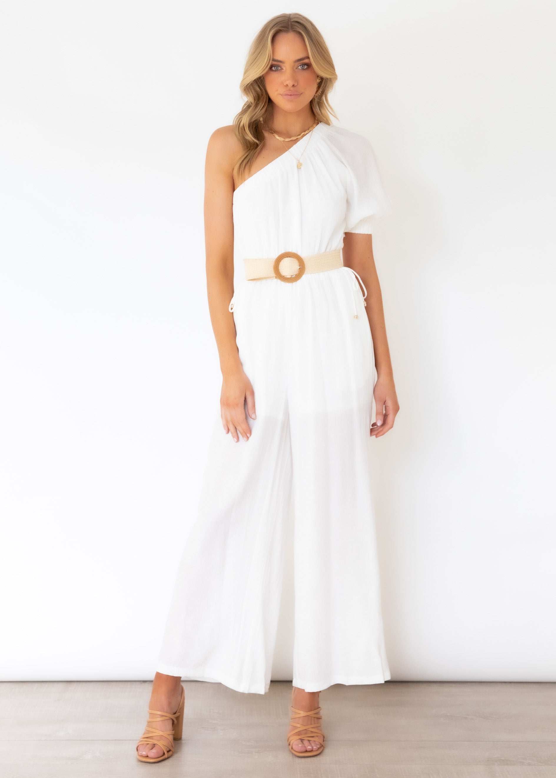 white off the shoulder pant suit