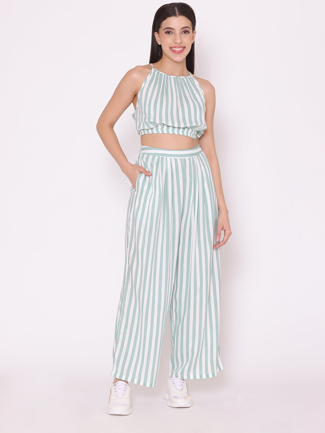 ASOS LUXE Curve halterneck corsage sleeve crop top and high waisted pants  set | ASOS