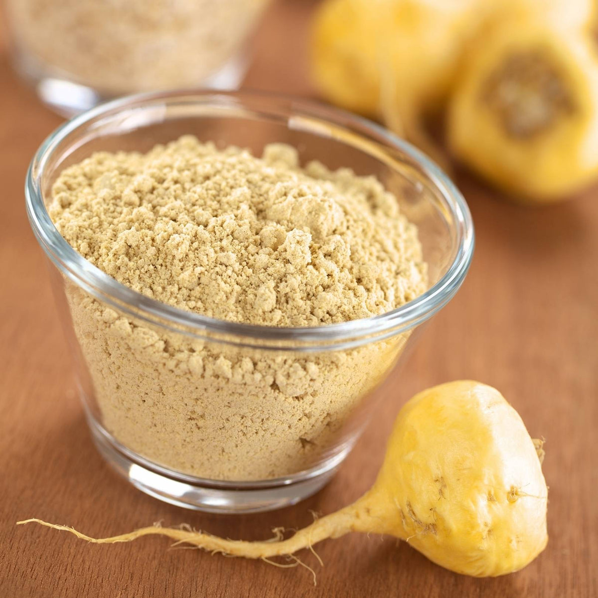 Maca root powder in glass jar