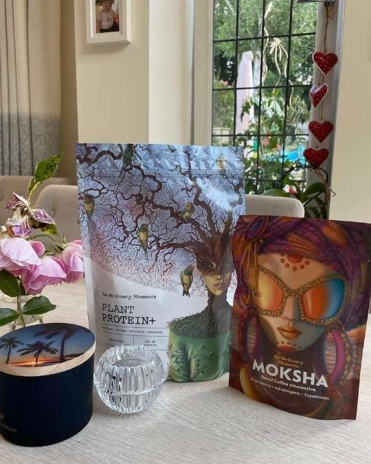 No Ordinary Moments Moksha and Plant Protein+ on table