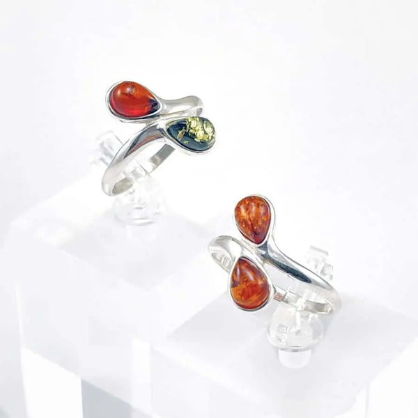 2-Stone Multi-Color Genuine Baltic Amber Sterling Silver Ring