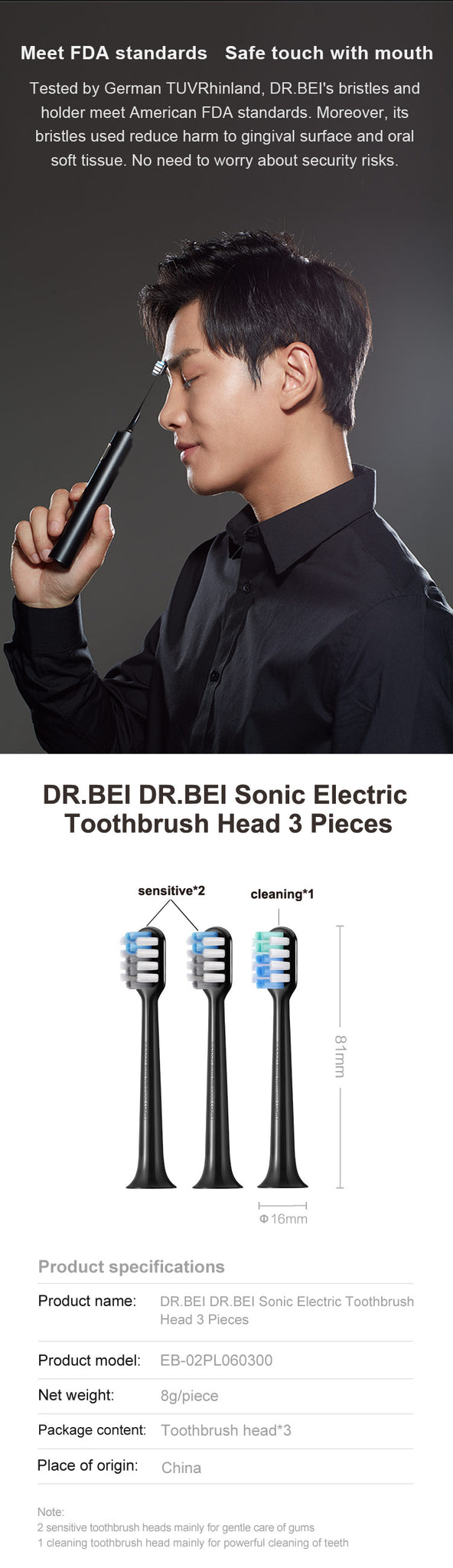 DR.BEI Black Gold Toothbrush  Head, 3 Pieces Xiaomi Youpin DR·BEI Electric Tooth Brush Heads Parts 3Pcs/set for BY-V12 Ultrasonic Electric Toothbrush Teeth Cleaning Brush Head Replacement