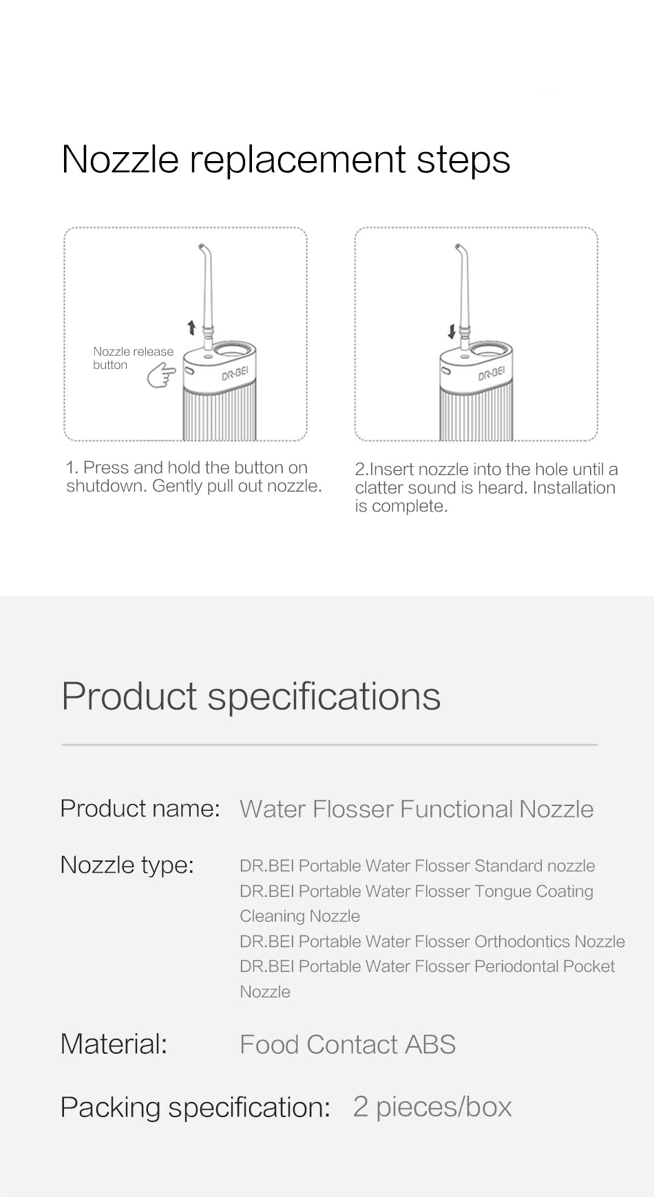DR.BEI GF3/F3 Portable Water Flosser Nozzle, 2 Pieces  Xiaomi Youpin DR.BEI Oral Irrigator Cleaning Nozzles 2pcs for DR.BEI GF3 Dental Teeth Cleaning Machine Standard Tongue Periodontal Irrigator Nozzles