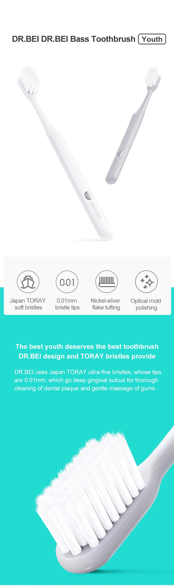 DR.BEI Bass Toothbrush (Youth) Xiaomi Youpin DR·BEI Bass Toothbrush Youth Version Ultra-fine Soft Bristles 2 Colors Dental Care Beauty Health Tooth Brushes