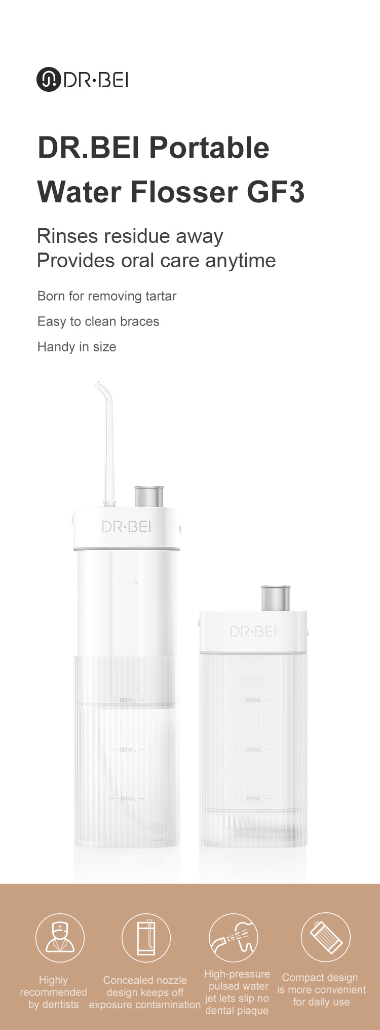 DR.BEI GF3/F3 Portable Dental Water Flosser  Xiaomi Youpin DR.BEI F3 Oral Irrigator Water Flosser Cordless Dental Water Jet Tank Portable Rechargeable Waterproof 3 Modes Teeth Cleaner