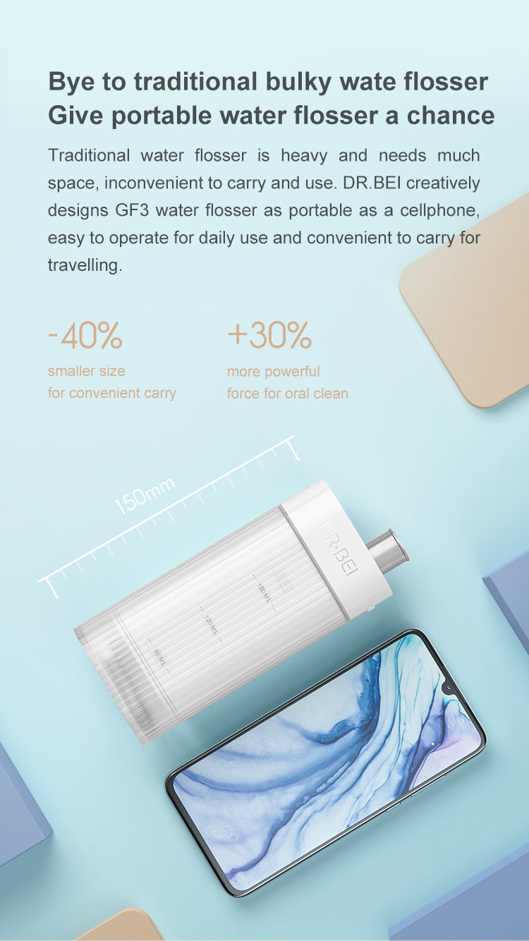 DR.BEI GF3/F3 Portable Dental Water Flosser  Xiaomi Youpin DR.BEI F3 Oral Irrigator Water Flosser Cordless Dental Water Jet Tank Portable Rechargeable Waterproof 3 Modes Teeth Cleaner