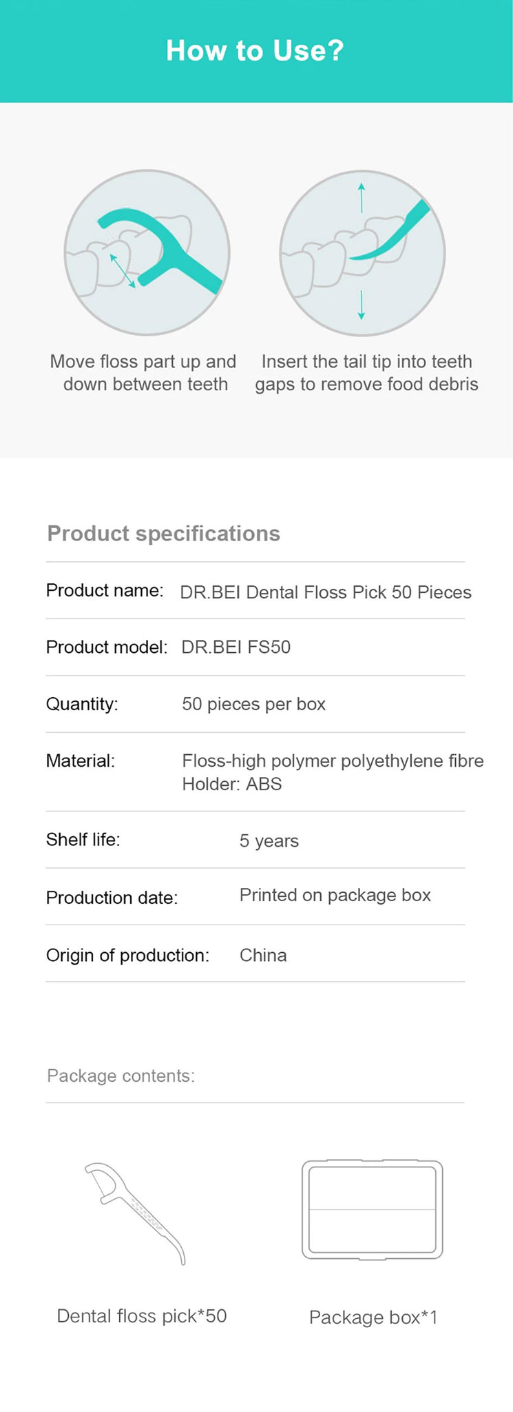 DR.BEI Dental Floss Pick, 50 Pieces Xiaomi Youpin DR.BEI Dental Floss Stick 50pcs/box Portable Picks Teeth Flosser Toothpicks Dental Oral Care Teeth Pick Hygiene Cleaning Tools