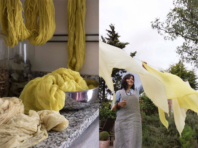 Dyeing with plant dyes for brilliant yellow scarves and hand knitted blankets for eco friendly and sustainable living. We dry the pieces in the shade.