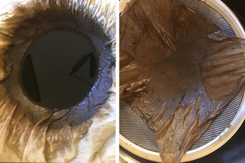 Filtering walnut ink through muslin cloth