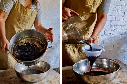 Draining cooked walnut ink and putting black walnut ink through sieve. 