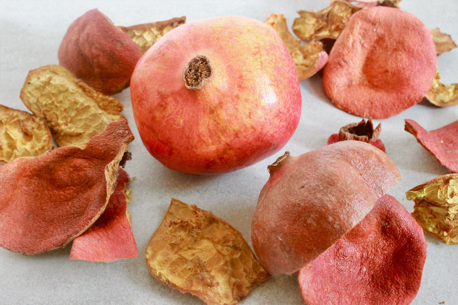 Pomegranate skins used for natural dye for ethical fashion by Juniper & Bliss in faversham, Kent, UK.  