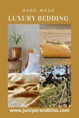 Naturally dyed organic bedding and hand knitted blankets dyed with alder cones by Juniper and Bliss