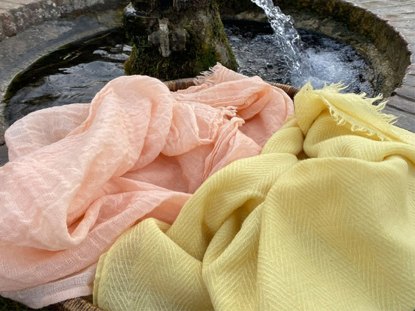 Juniper & Bliss naturally dyed woollen scarves made with spring water from Oare Marshes, Harty Ferry, East Kent. 