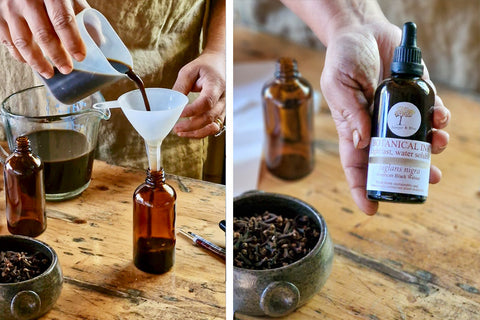 Bottling walnut ink into Juniper & Bliss amber glass bottles