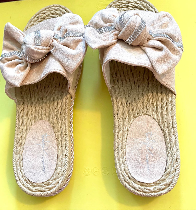 BEIGE FAUX SUEDE BOW CRYSTALS SLIDERS