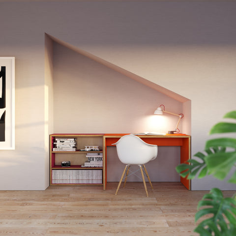 orange desk and pink bookshelf