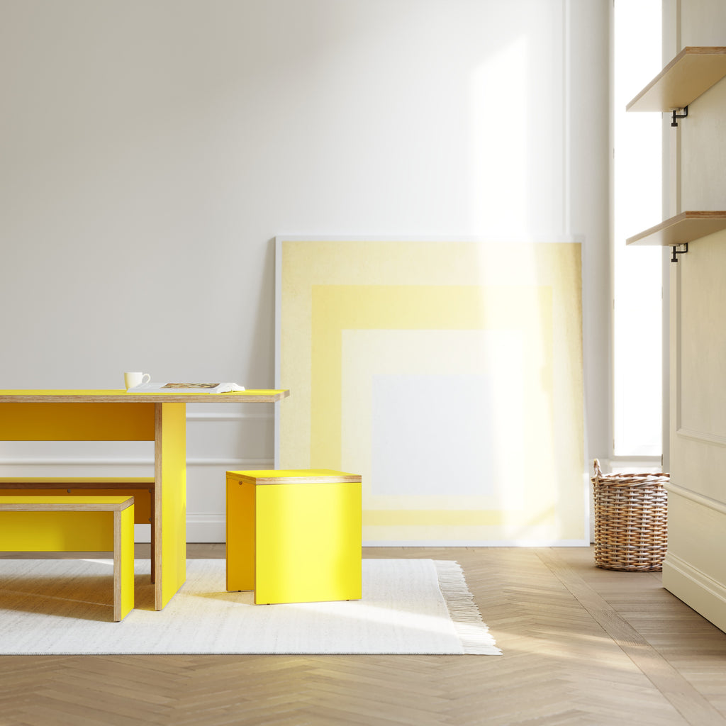 custom plywood table with bench seat and stools