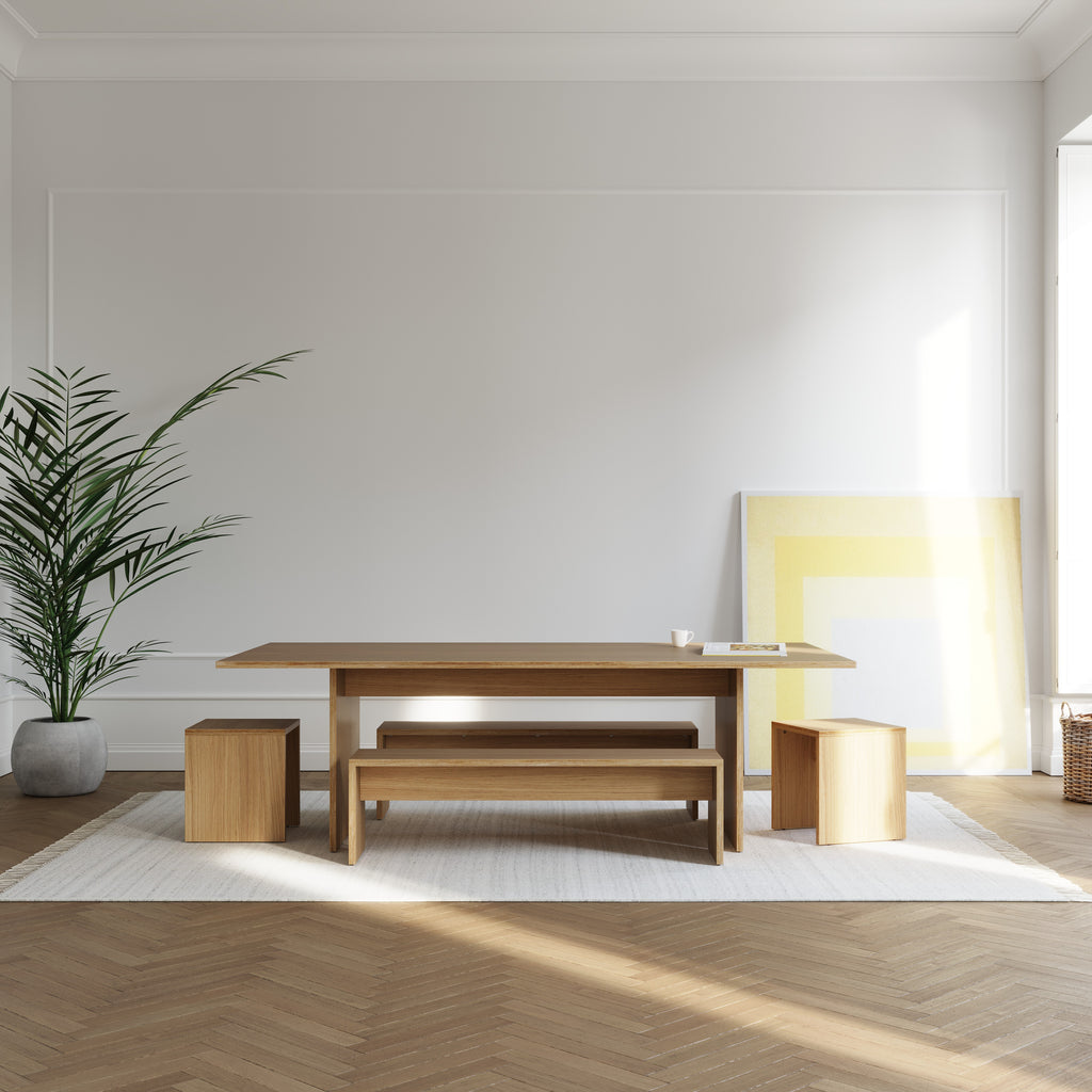 custom plywood dining table with bench seats