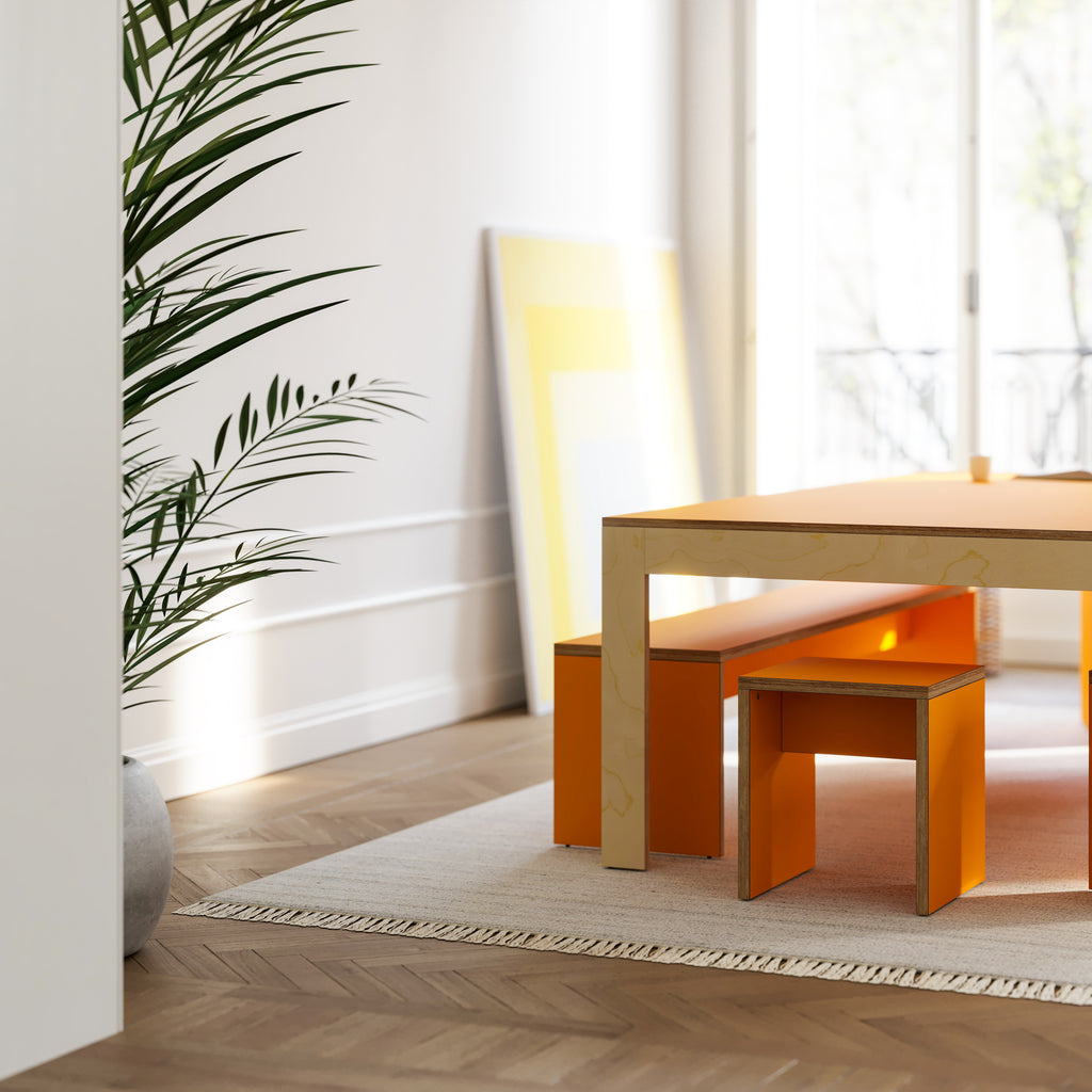 Orange Plywood Dining Table with Bench Seats
