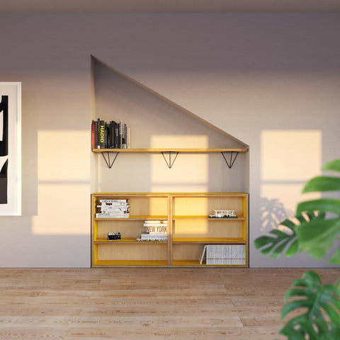 yellow plywood shelves