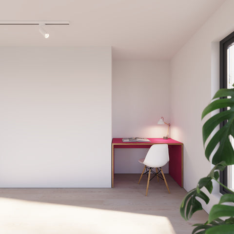 pink plywood desk with solid sides