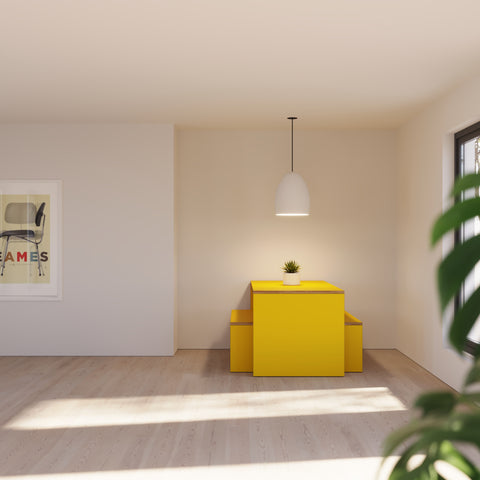 yellow dining table and bench seating