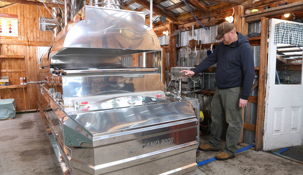 The sup is then transferred through a reverse osmosis machine which takes all the water out of the sap before it is then boiled down in a state of the ark evaporator. The sugar bush is open during the sap season.
