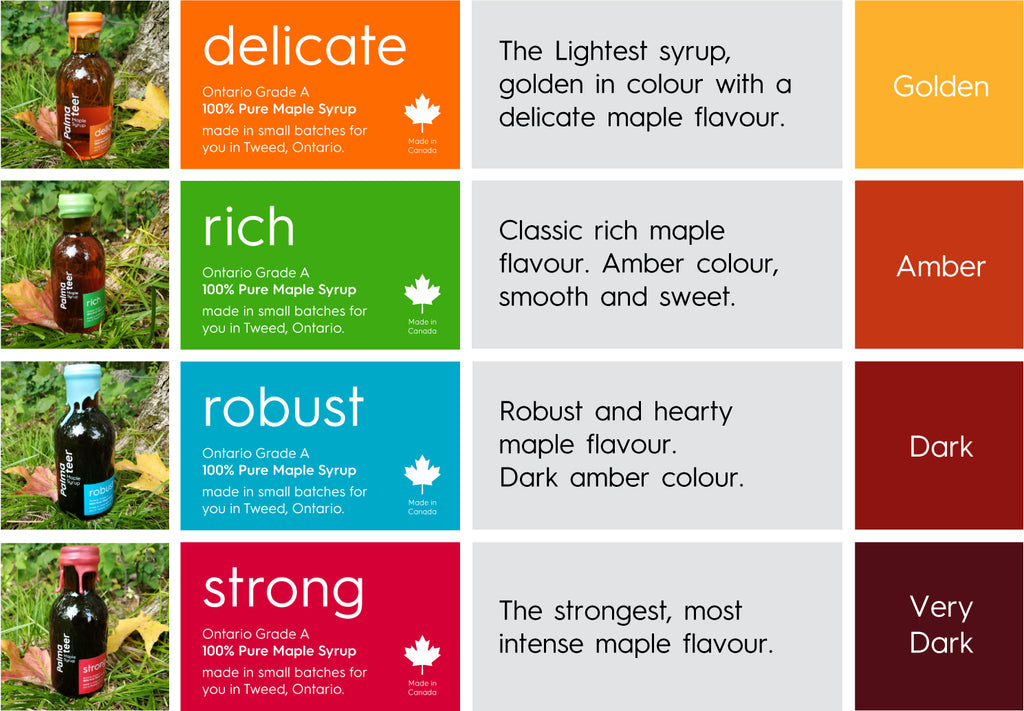 Our maple syrup is colour classified as Delicate (Golden), Rich (Amber), Robust (Dark) and Strong (Very Dark).