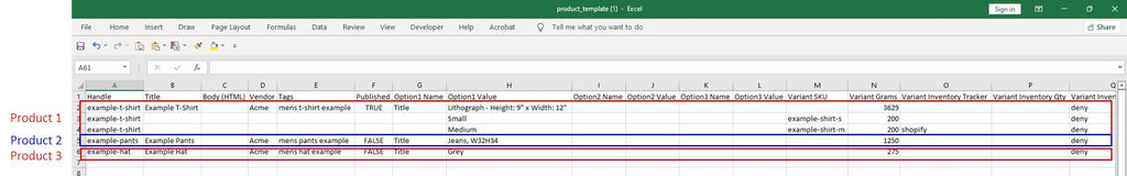 Shopify Sample CSV Template Product File 