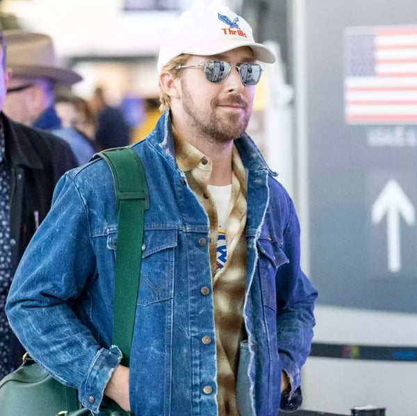 Ryan Gosling wearing a Wrangler denim jacket on the Barbie Movie press tour 