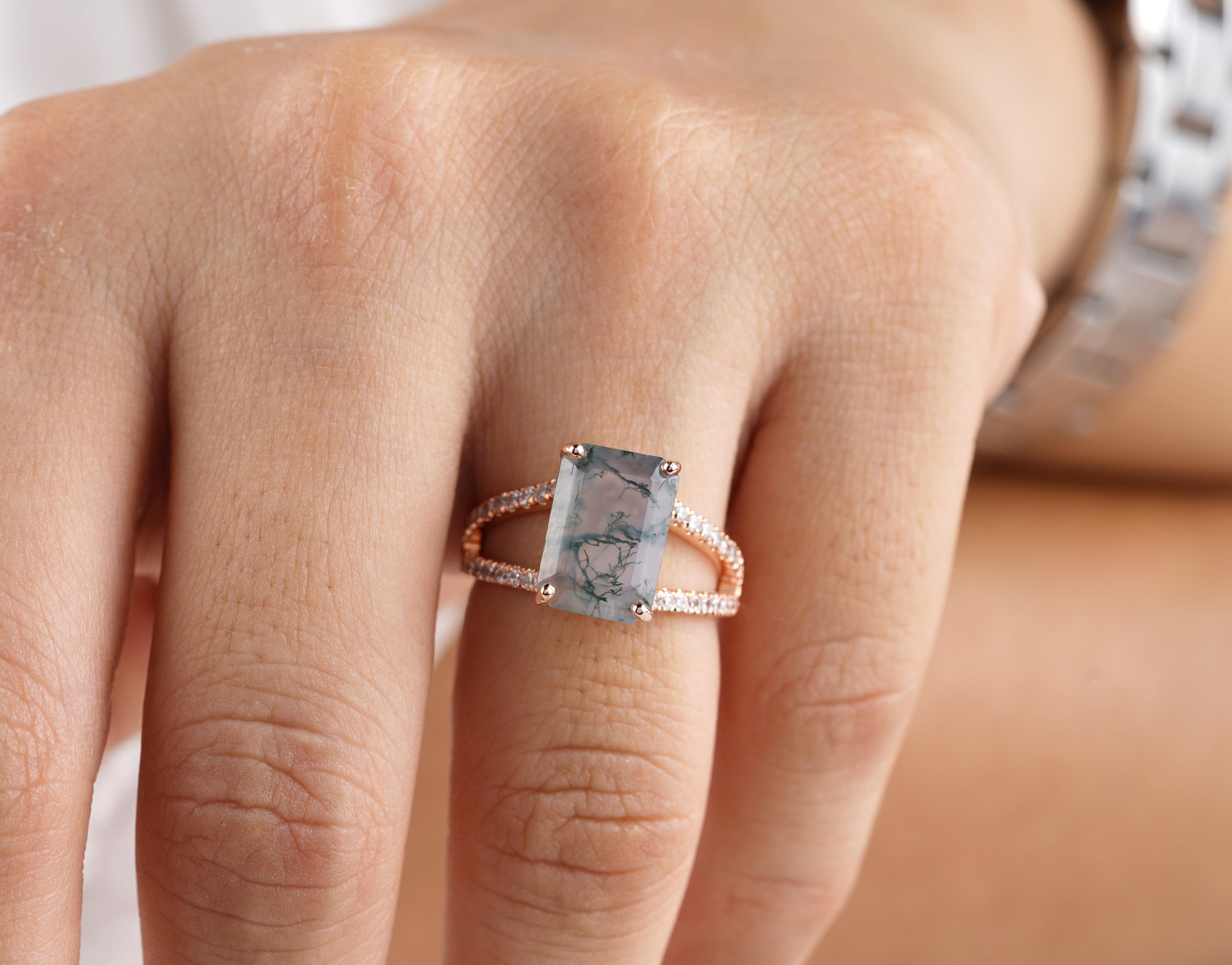 Moss Agate Ring,11.5x8 Emerald Cut Faceted Moss Agate Ring, Moss Agate