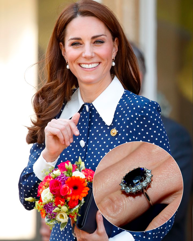Kate Middleton wearing Diana’s 12-carat Ceylon sapphire ring