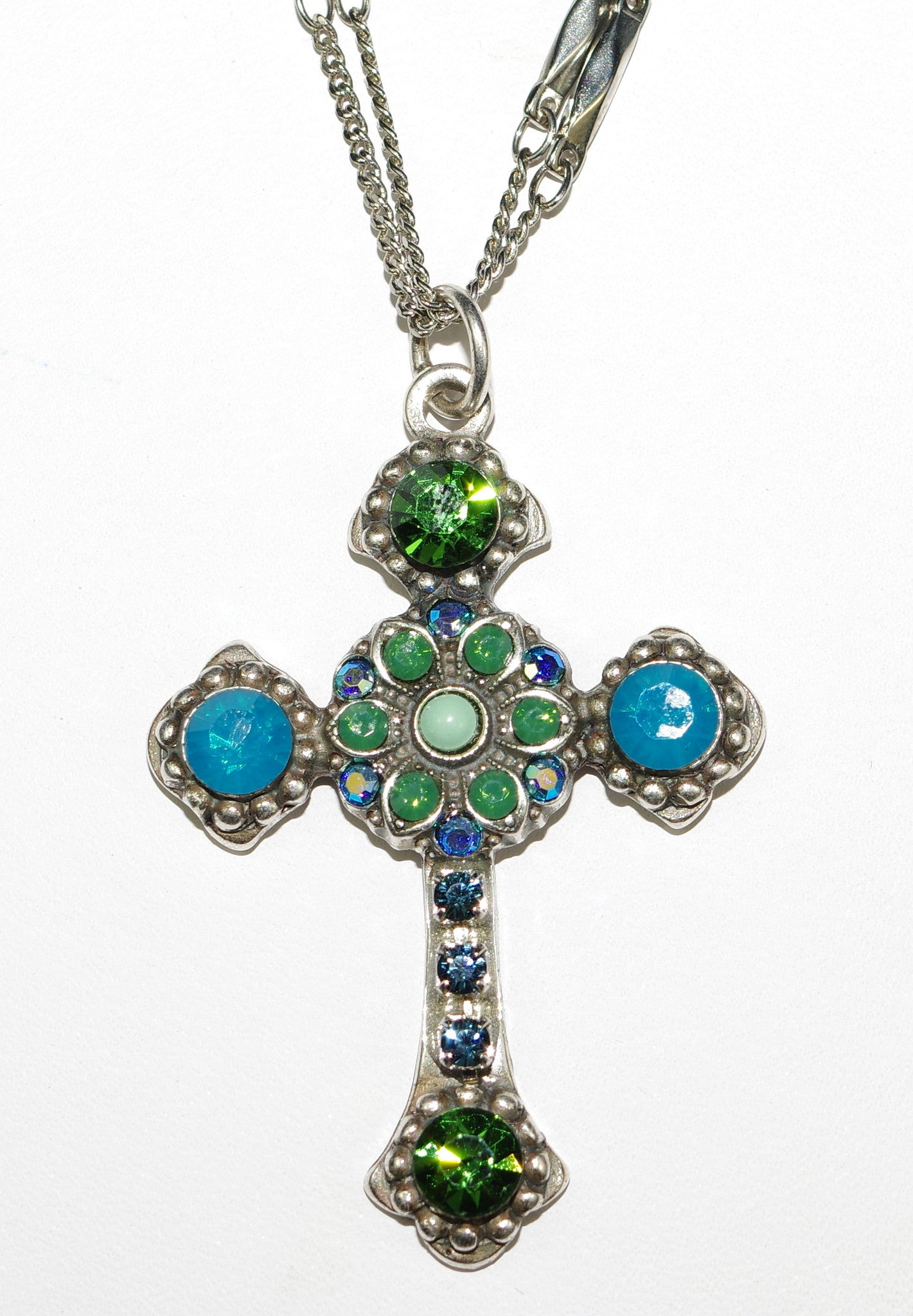 MARIANA CROSS PENDANT MEDITERREAN BLUE: green, blue stones in silver s ...