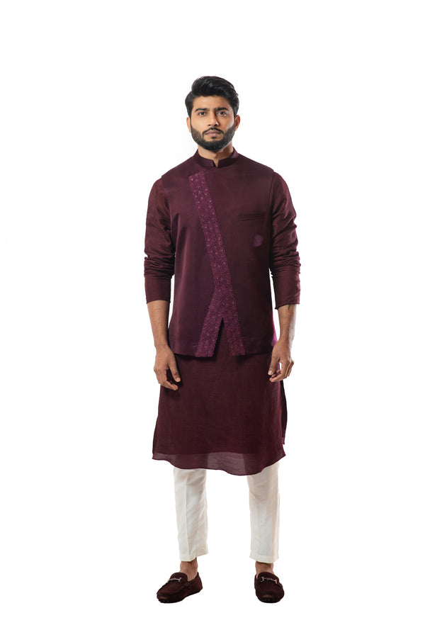 Buy Wine Nehru Jacket Set With Black Resham Aari Embroidered Ethnic Buttis