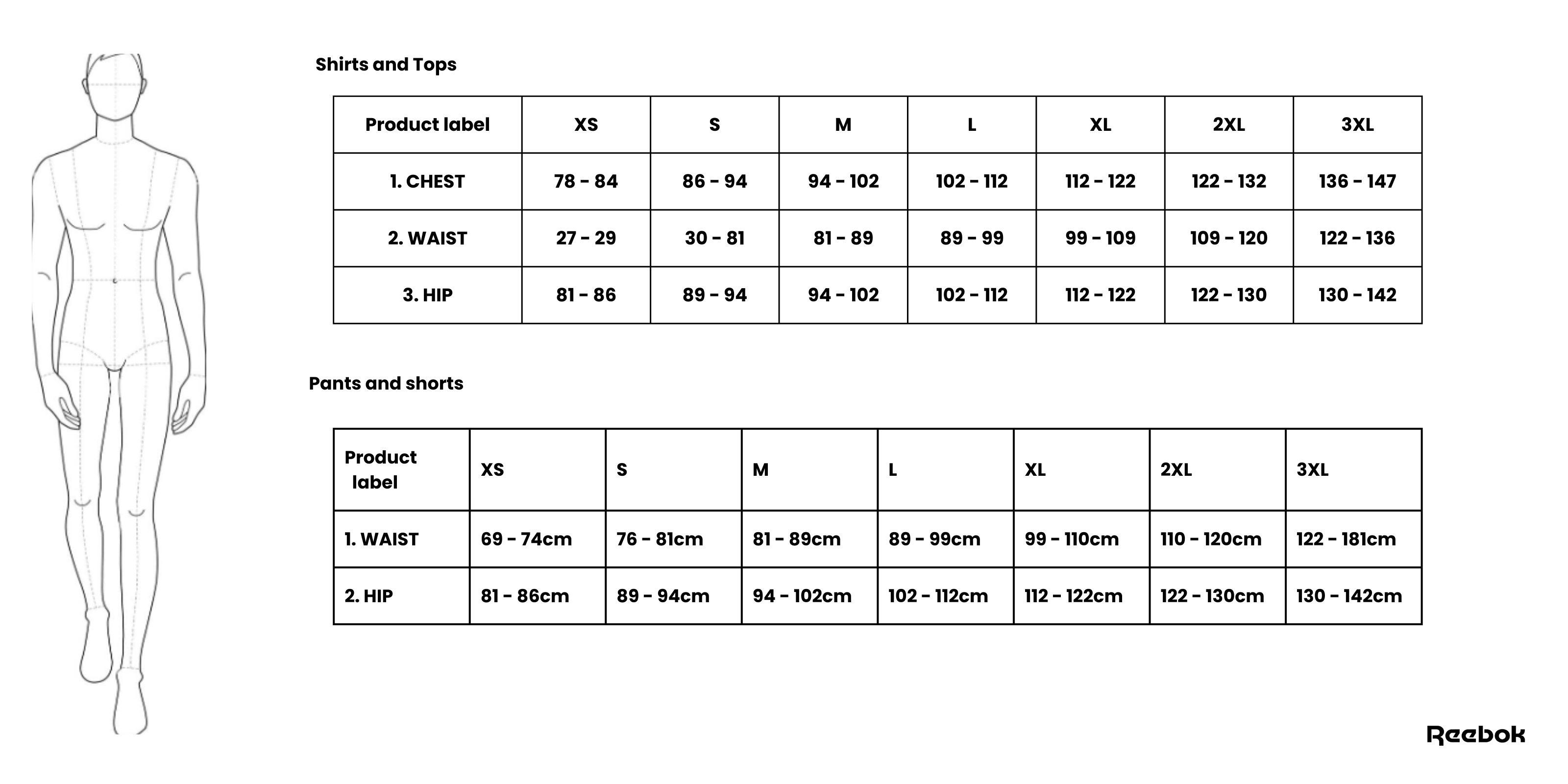 Reebok Men Apparel Size Chart